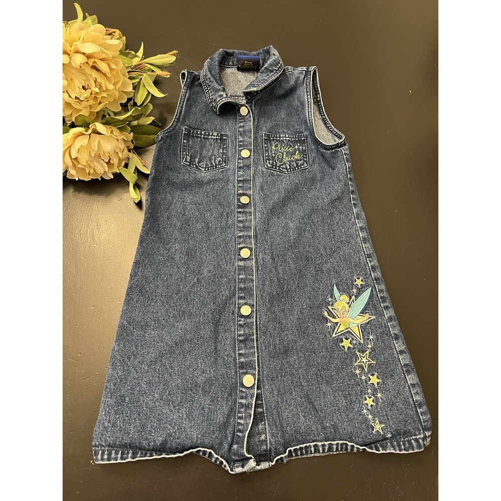 Disney Classic Y2K Blue Jean Embroidered Snap Up Tinker Bell Dress Girls Sz 7/8